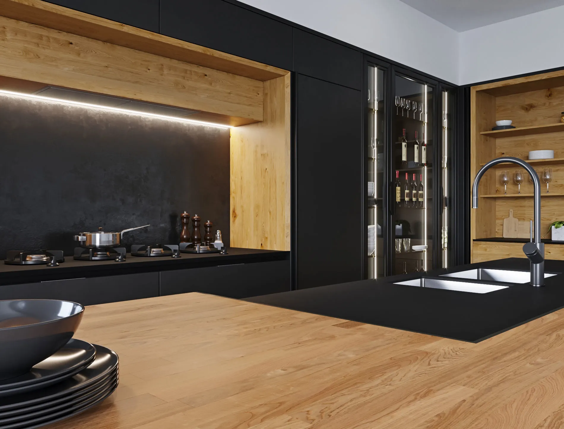 Project: Orchid Hill Manaor kitchen remodel, open wooden shelves